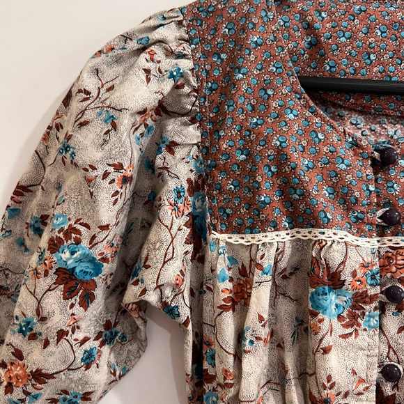 Vintage Prairie Floral Maxi Dress - Puff Sleeve Cottagecore Boho Size M Brown - Picture 4 of 8